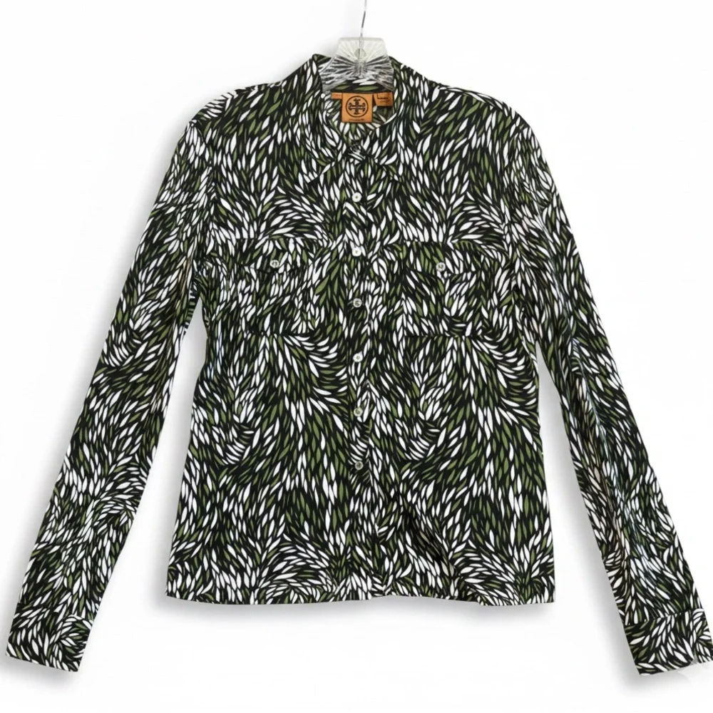 Tory Burch 100% Silk Green Leaf Print Button-Down Blouse Medium (M) Preppy